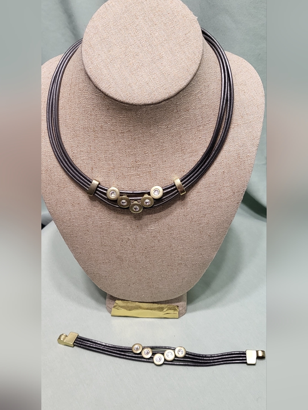 Charcoal Grey Multi-Strand Leather Set with Gold-Tone And Crystal Accents
